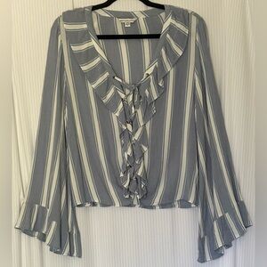 American Eagle Blouse Ruffle collar V-Neck Flare Sleeve Stripe Large